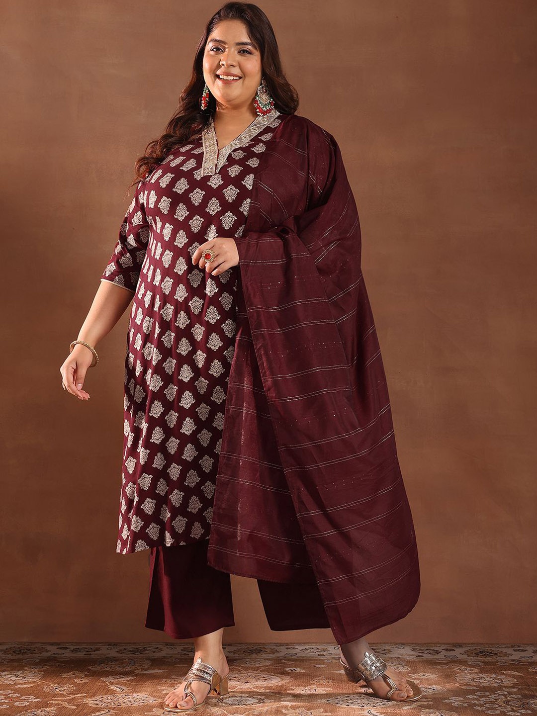 

EXTRA LOVE BY LIBAS Plus Size Ethnic Motifs Printed Thread Work Kurta & Trousers & Dupatta, Maroon