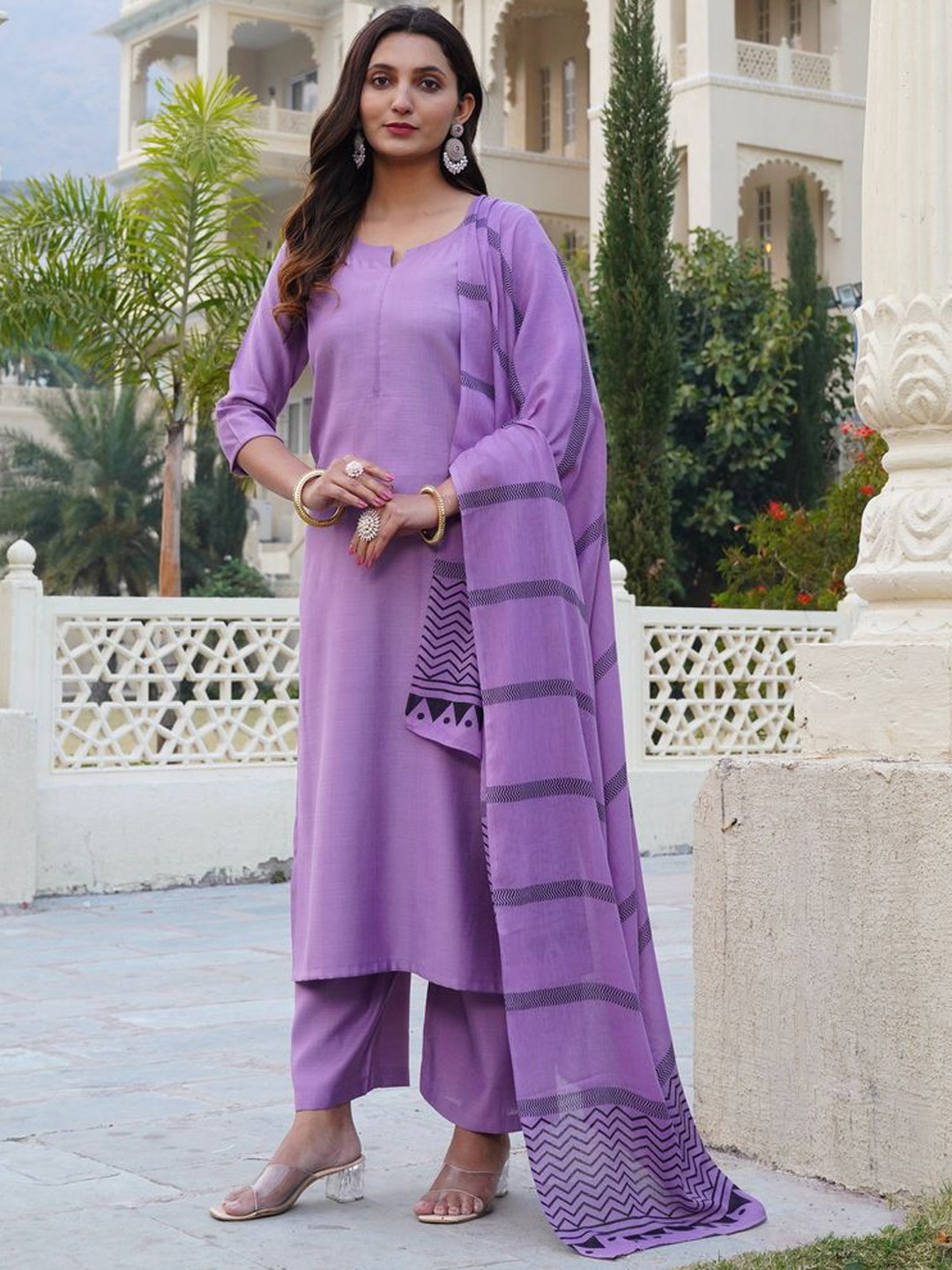 

GoSriKi Notch Neck Straight Kurta With Trousers And Dupatta, Purple