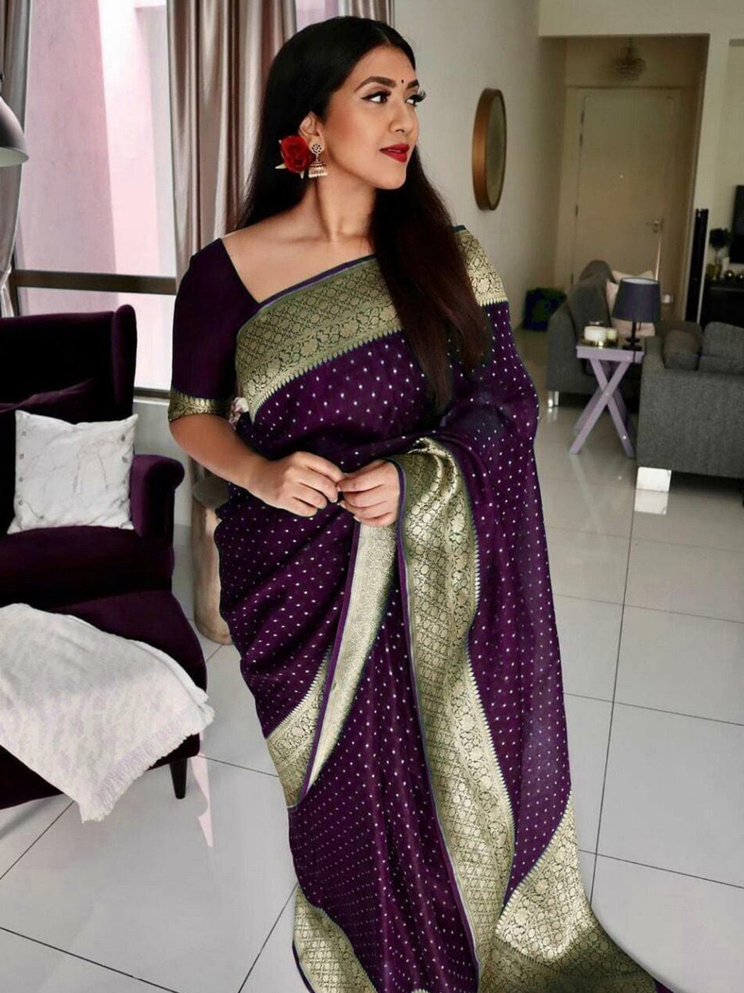 

Upalksh Woven Design Zari Pure Cotton Paithani Saree, Purple