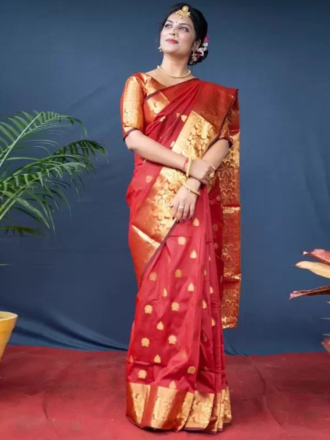 

Florence Woven Design Zari Pure Silk Kanjeevaram Saree, Red