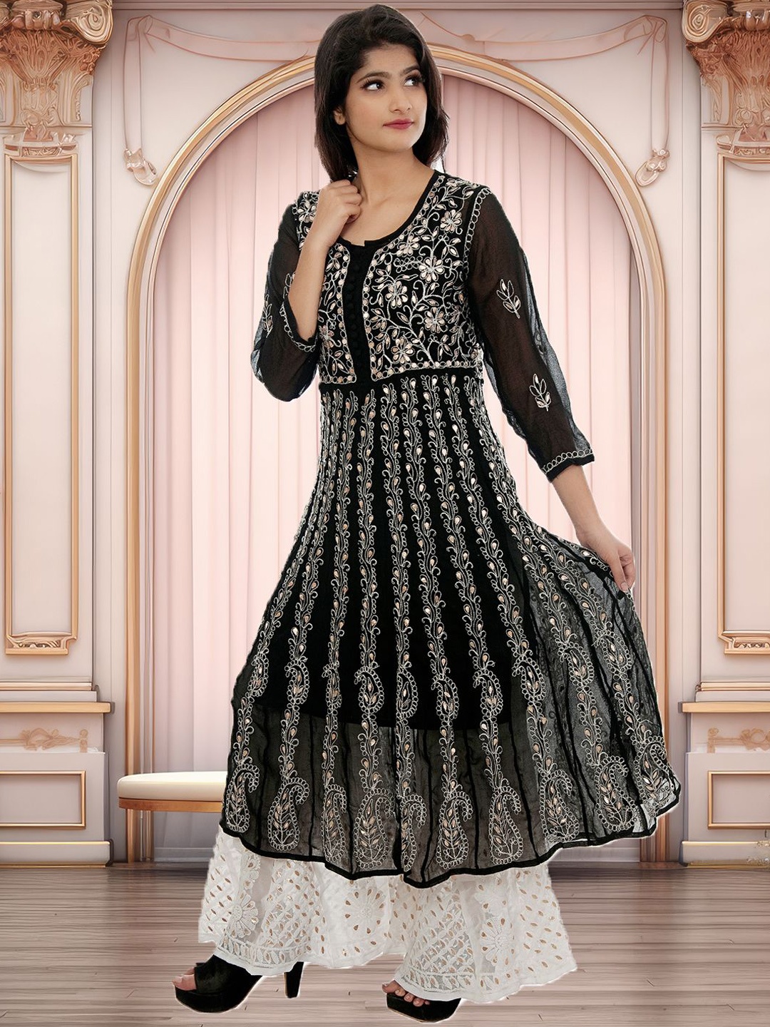 

ADR CHIKAN Floral Embroidered Gotta Patti Georgette Anarkali Kurta With Sharara, Black