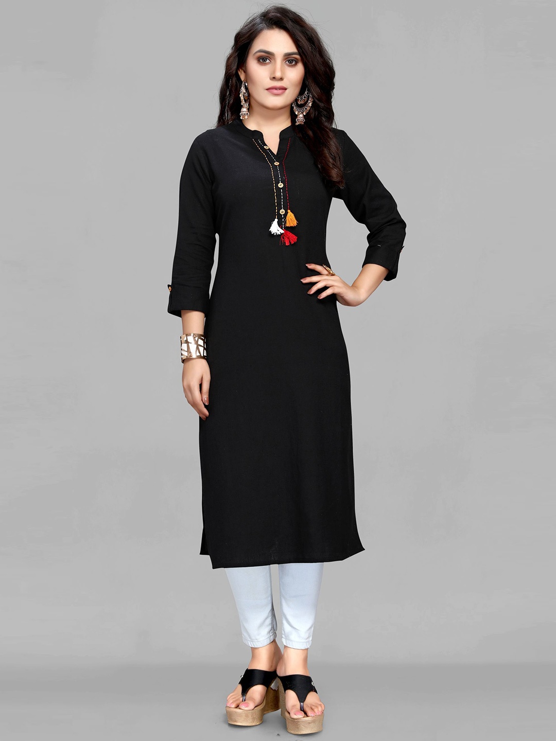 

Krimmple Yoke Design Thread Work Kurta, Black