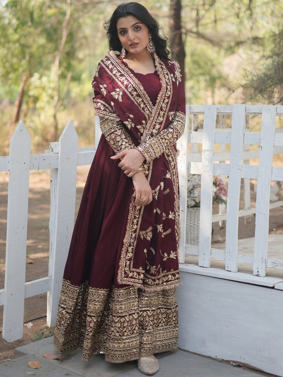 

Fusionic Sequined Embroidered Gown With Dupatta, Maroon