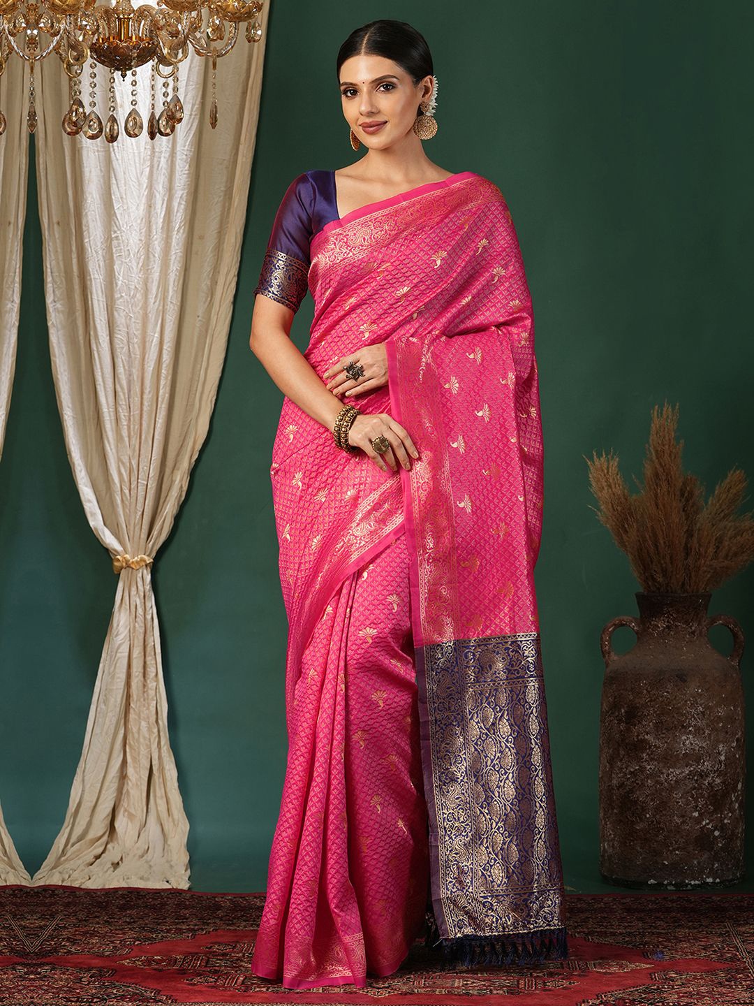 

KALINI Ethnic Motifs Woven Design Banarasi Saree, Pink