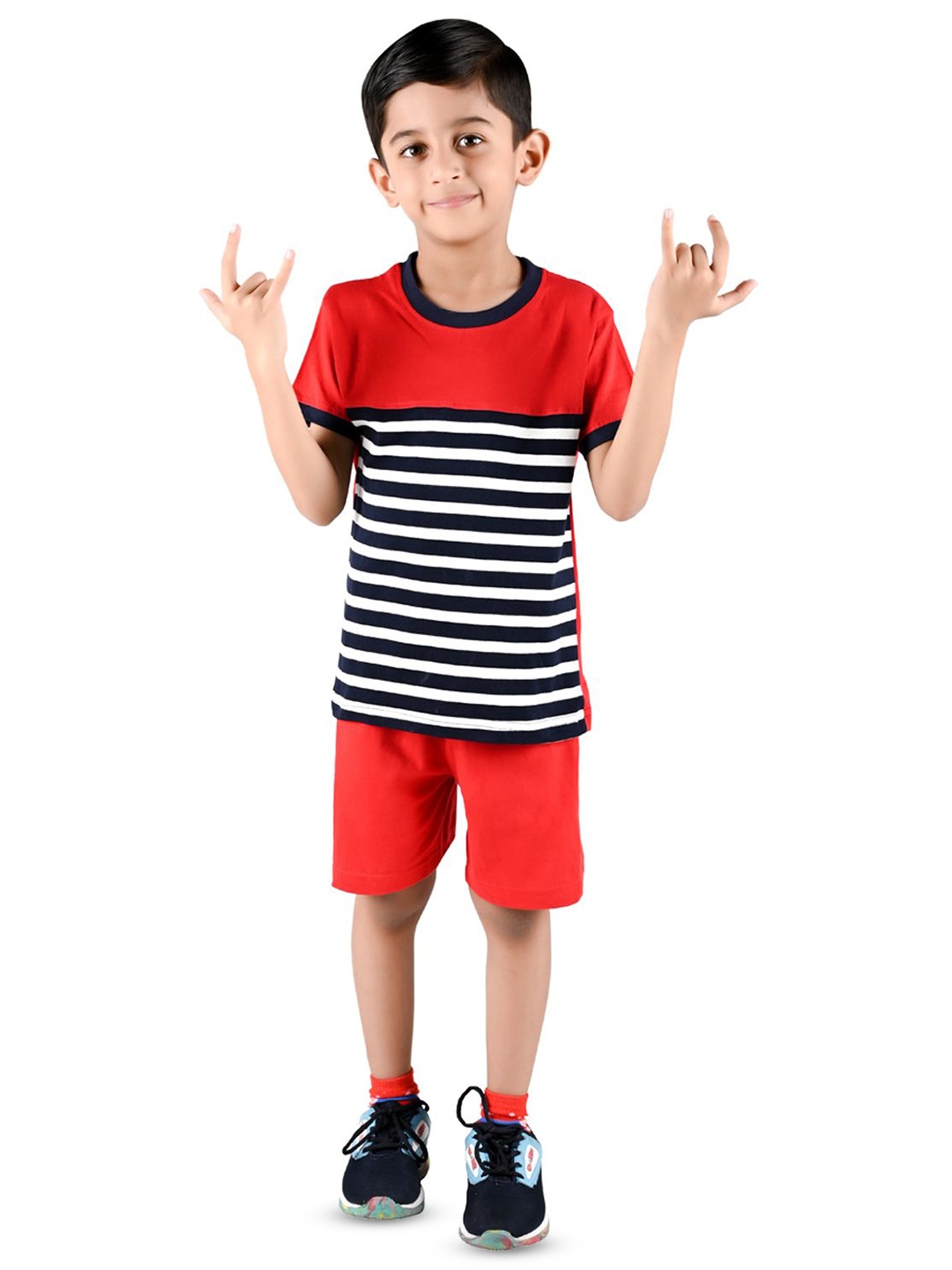 

BILLYBALL Kids Striped Round Neck Pure Cotton T-Shirt With Shorts, Red