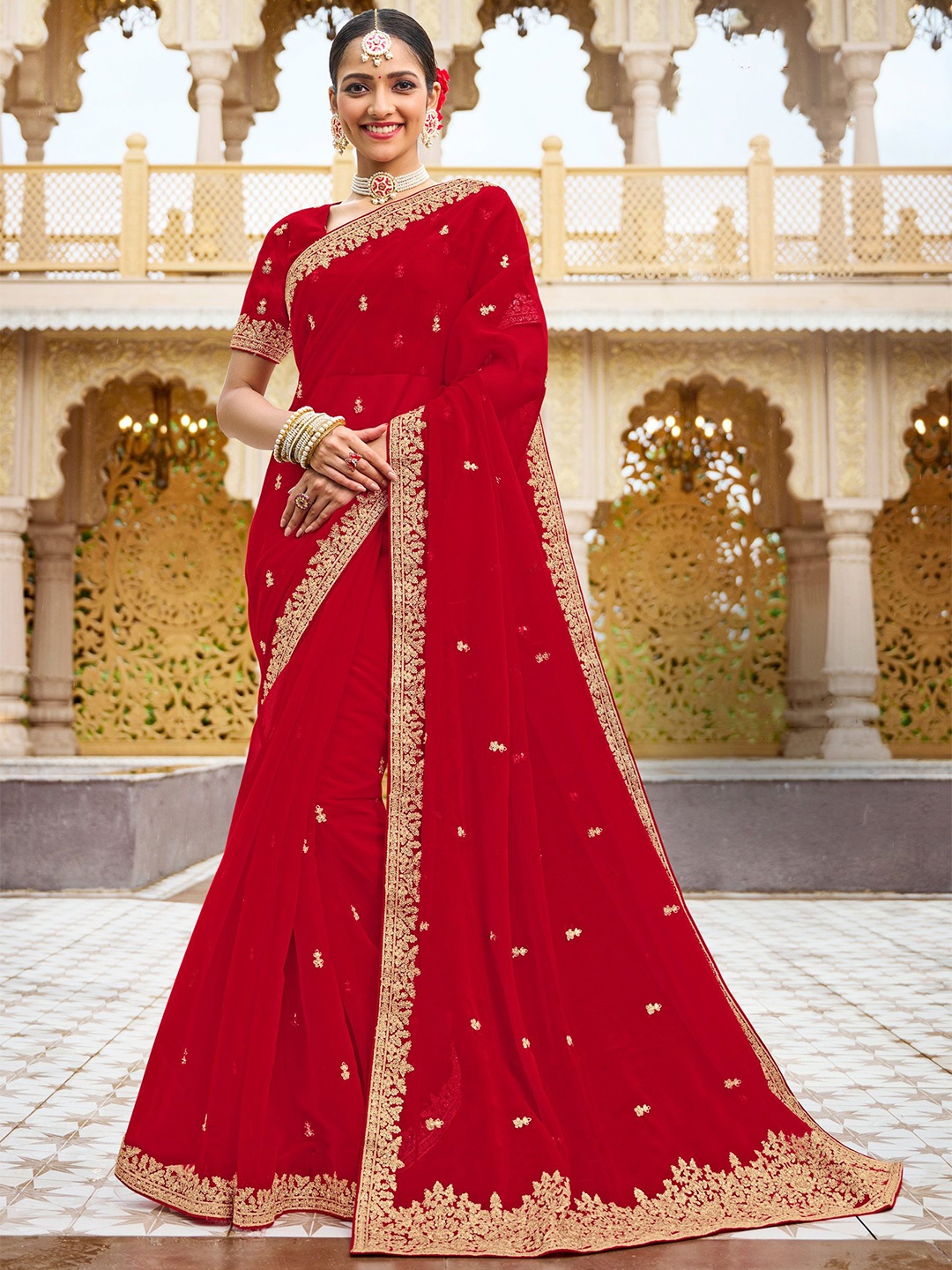 

Laxmipati Floral Embroidered Organza Saree, Red