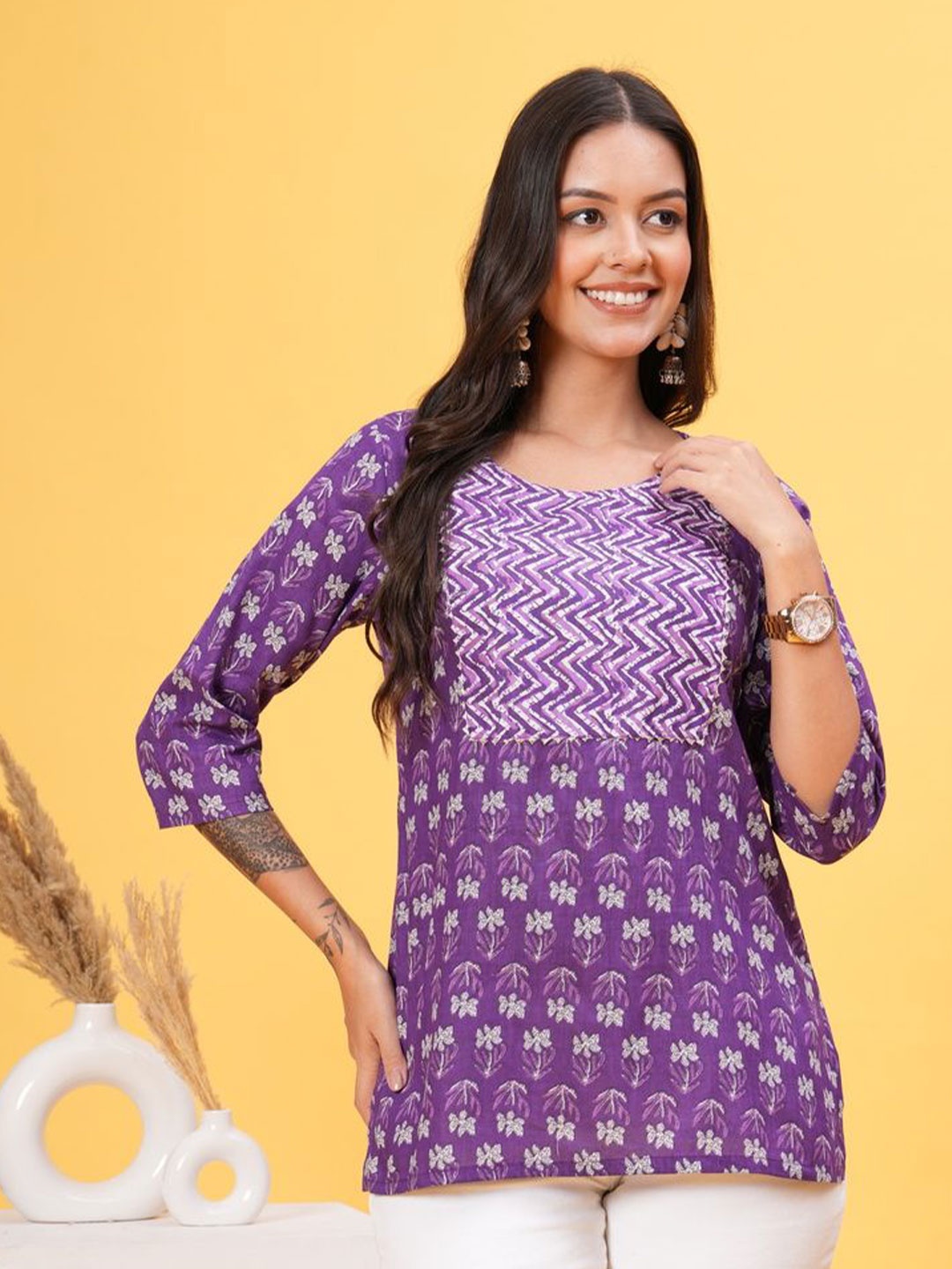 

Vilgi Women Printed Pure Cotton Ethnic Tunic, Lavender