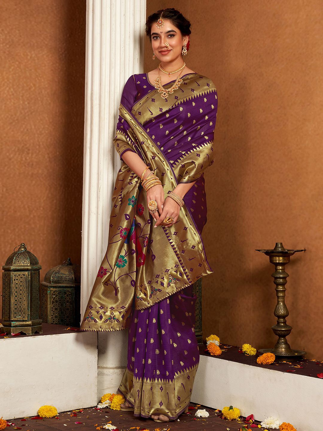 

KALINI Ethnic Motifs Zari Paithani Saree, Purple