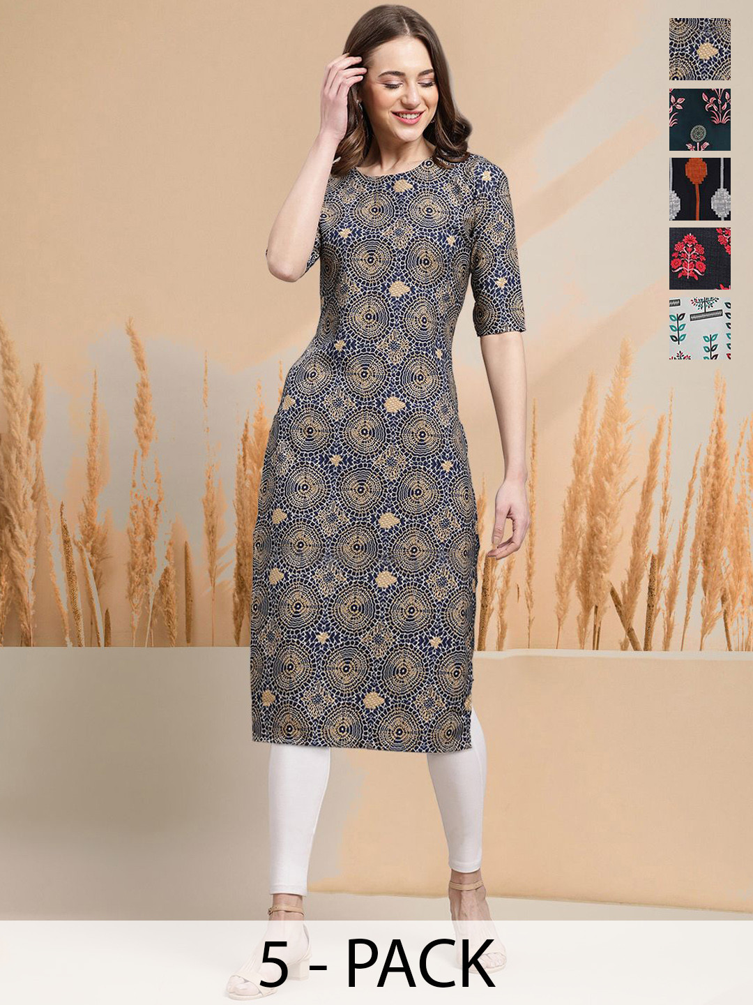 

7Threads Selection Of 5 Geometric Printed Round Neck Straight Kurtas, Blue