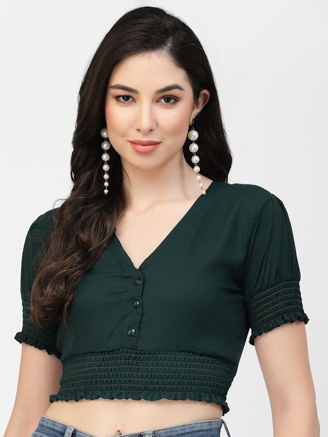 

DELIS Women Puff Sleeve Smocking Crop Top, Green