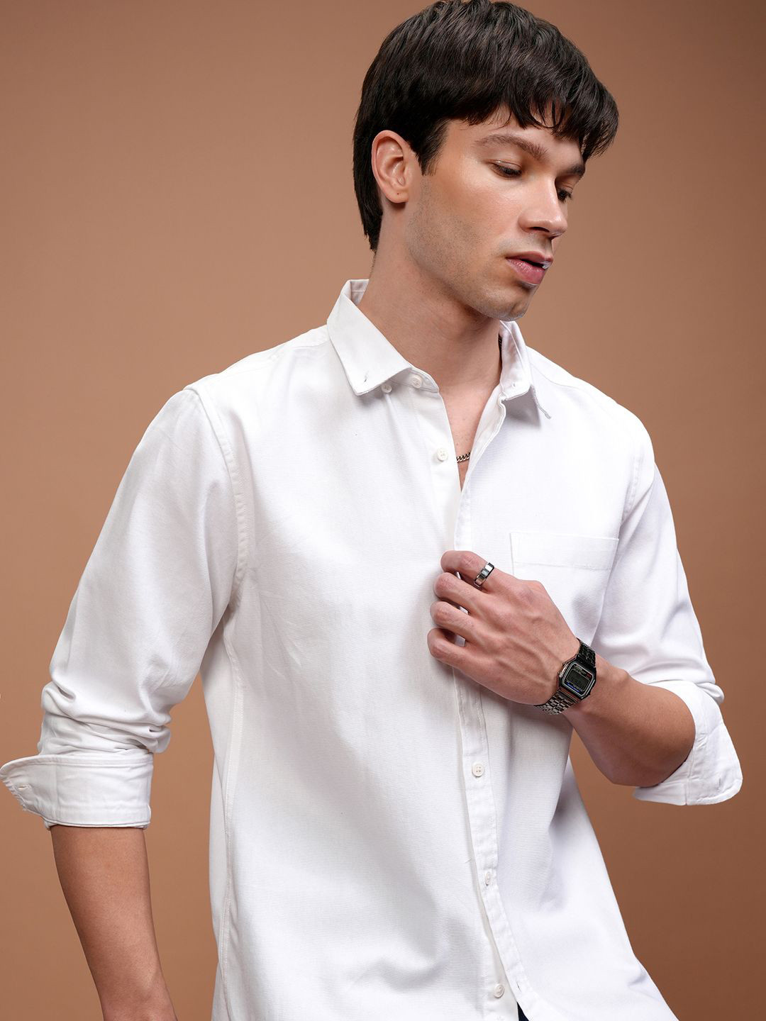 

HIGHLANDER Men Slim Fit Button-Down Collar Solid Cotton Casual Shirt, White