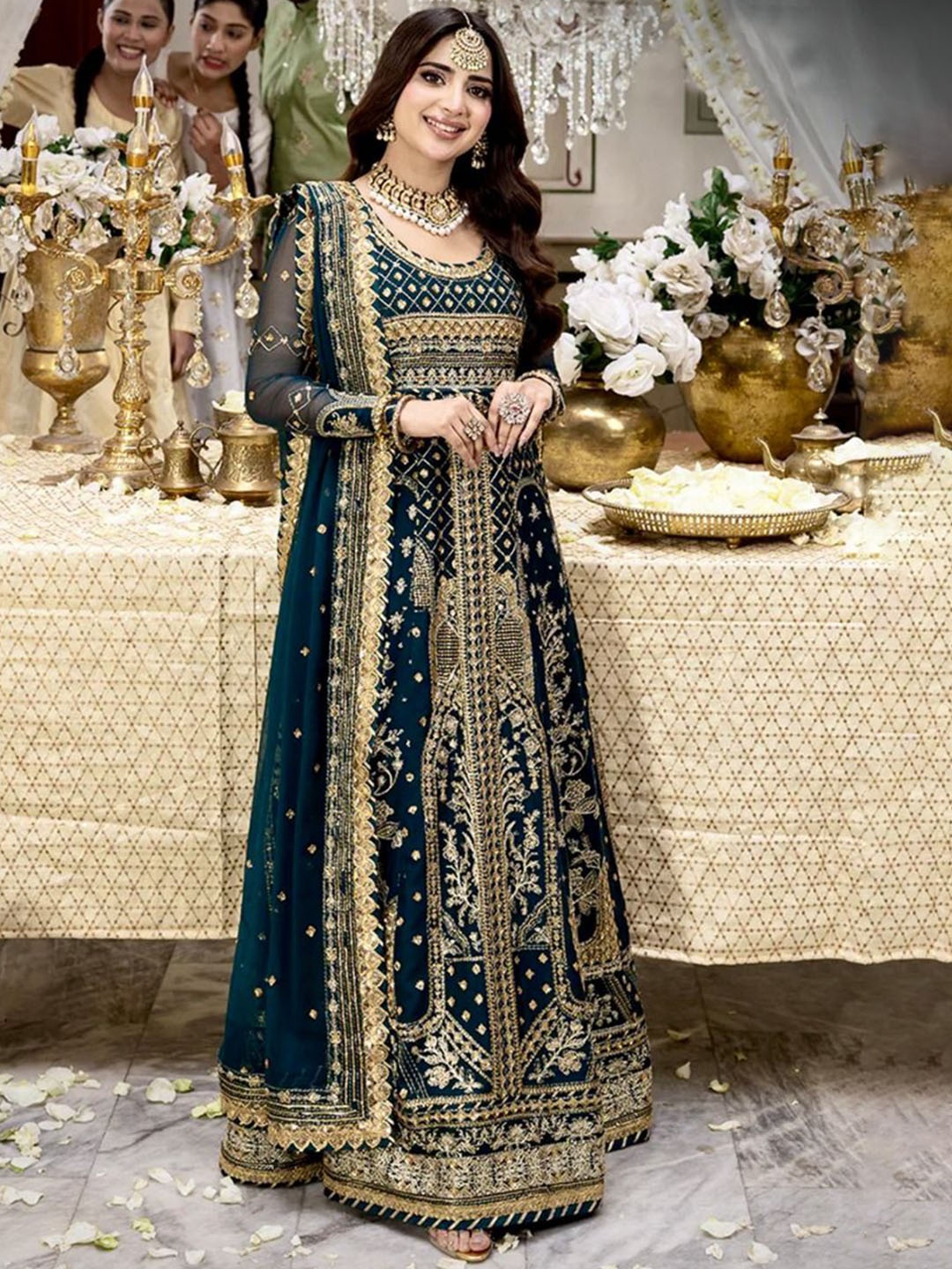 

ANAMSA Floral Embroidered Zari Semi-Stitched Dress Material, Teal