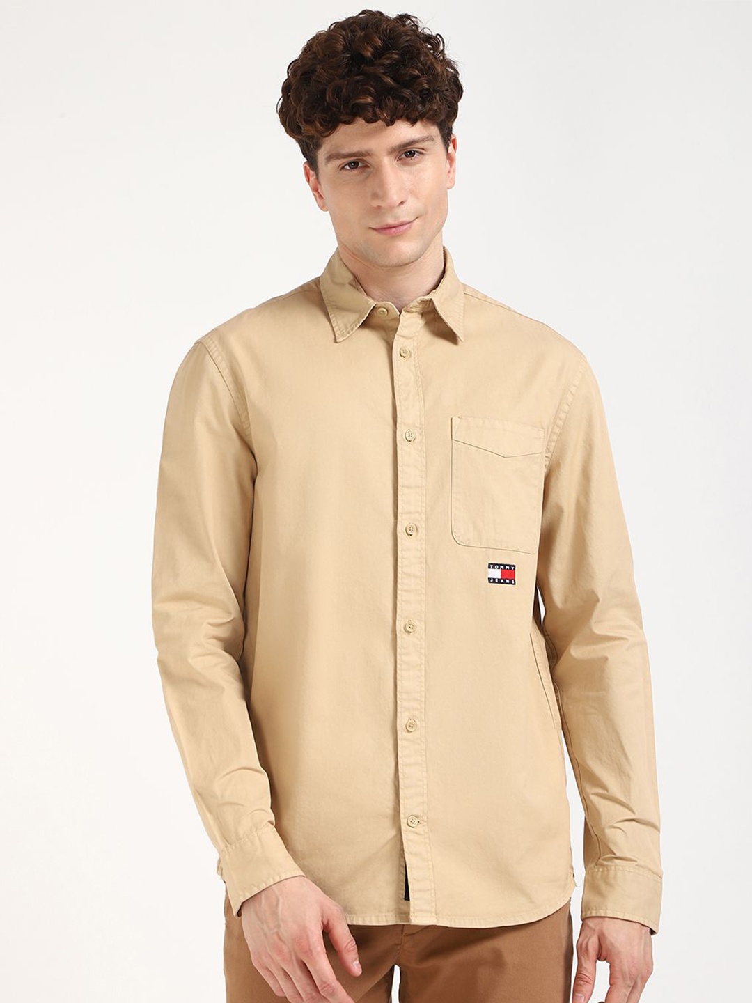 

Tommy Hilfiger Men Spread Collar Solid Cotton Casual Shirt, Beige
