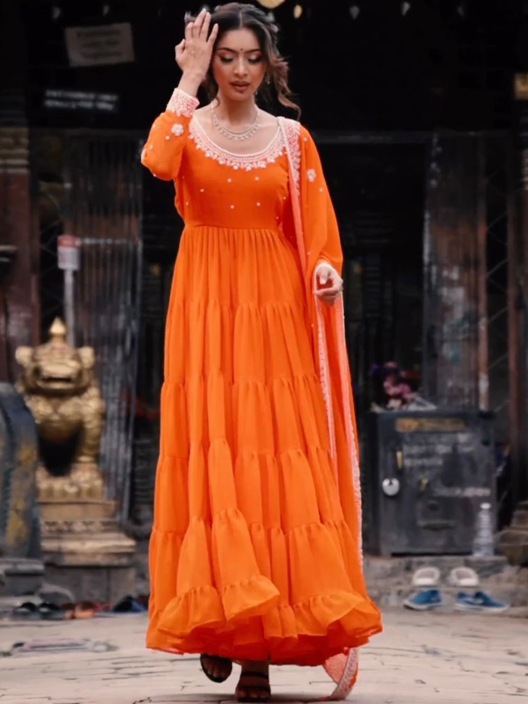 

Anara Tiered Georgette Anarkali Kurta With Trouser & Dupatta, Orange