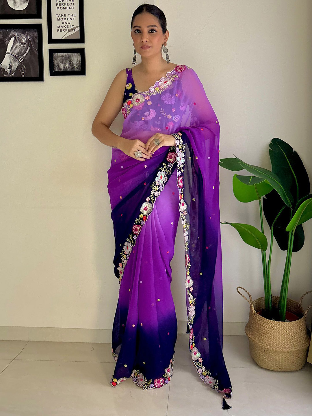 

A TO Z CART Floral Embroidered Pure Georgette Saree, Purple