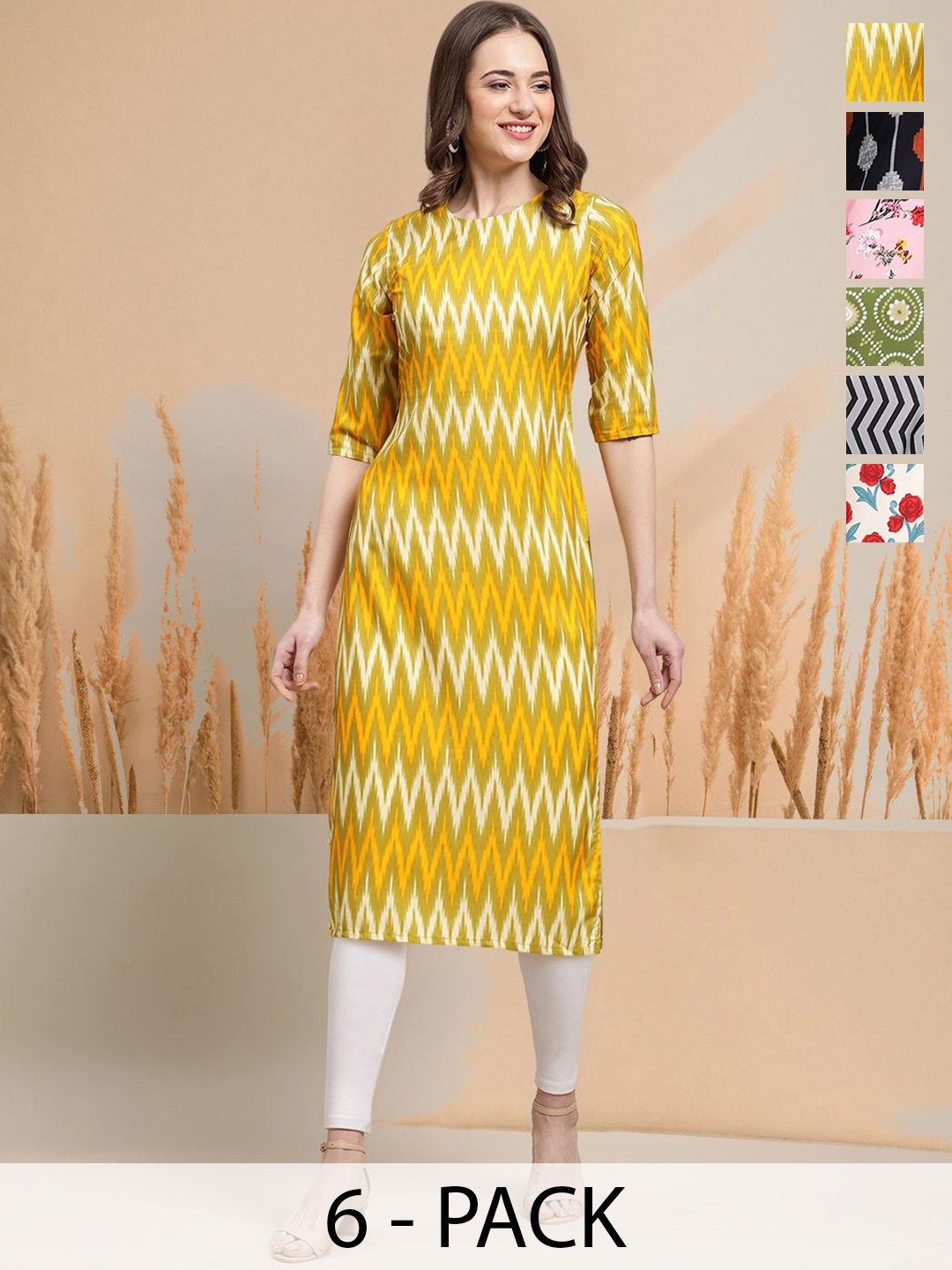 

7Threads Selection Of 6 Chevron Printed Round Neck Kurta, Yellow