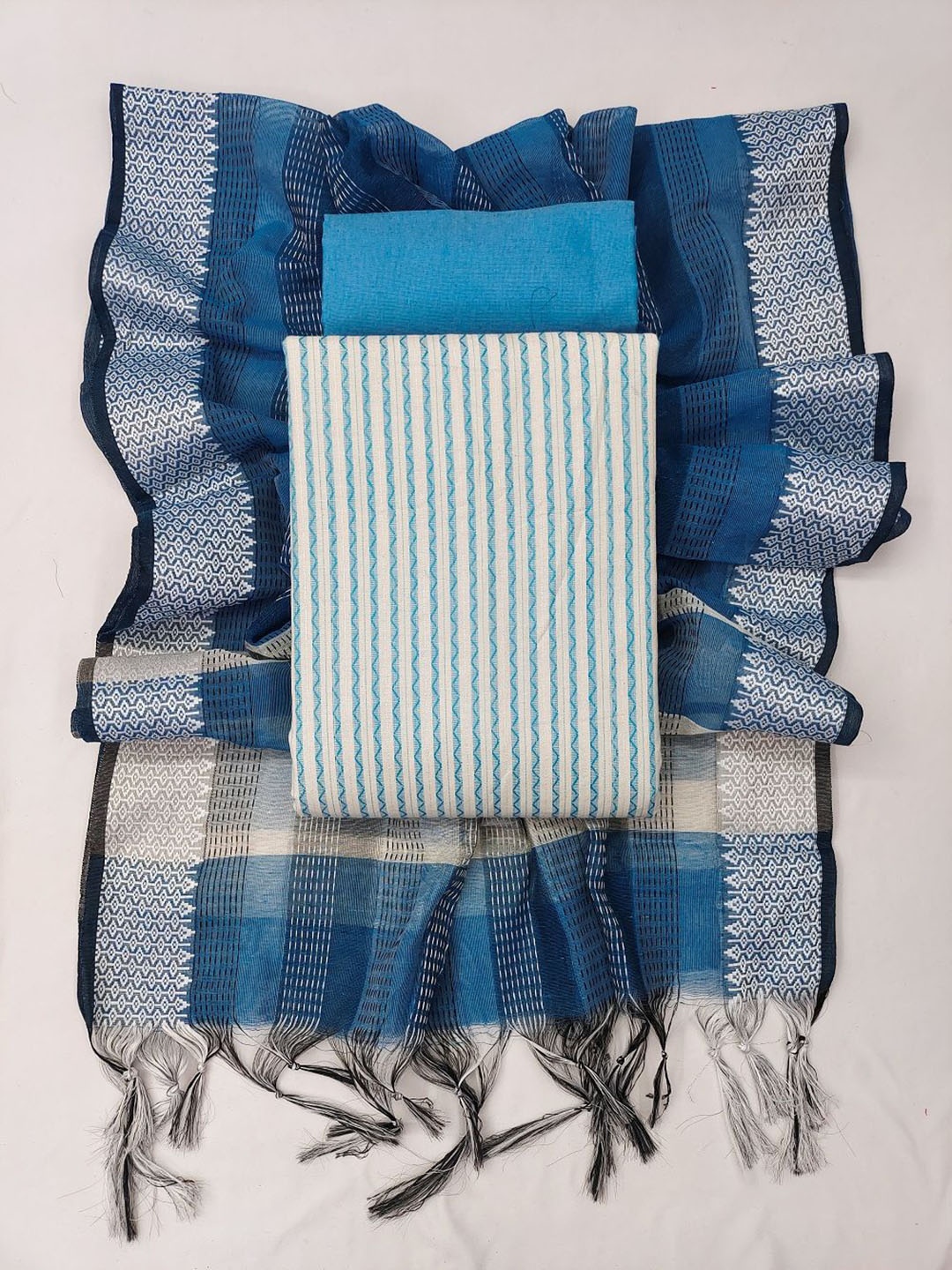 

A TO Z CART Striped Unstitched Dress Material, Turquoise blue