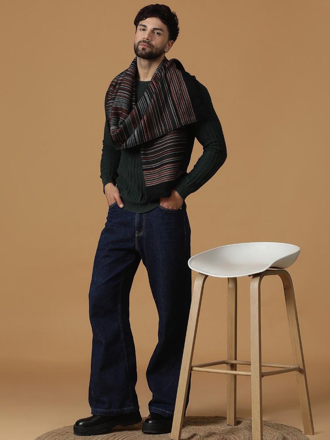 

SHINGORA Men Striped Woven Design Shawl, Black
