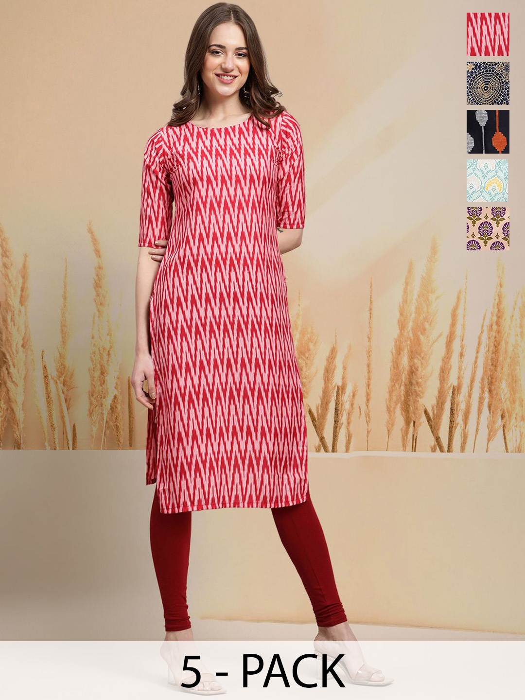 

7Threads Selection of 5 Chevron Printed Round Neck Straight Kurtas, Red