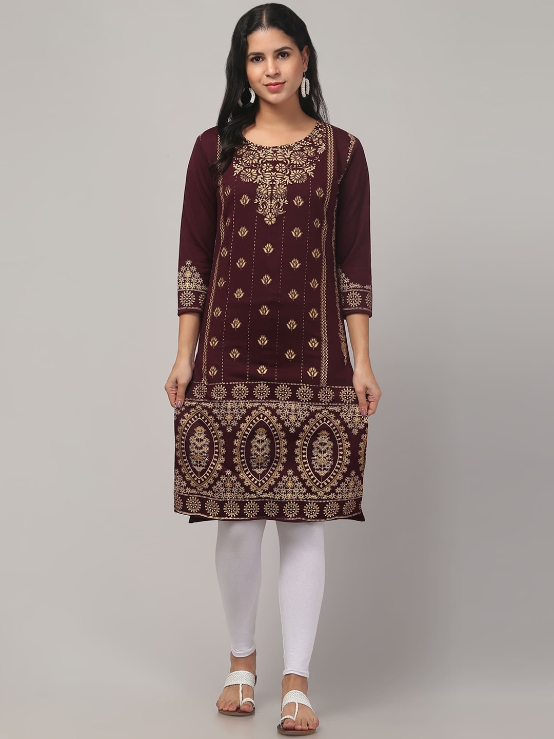 

FAMBEE Floral Woven Design Round Neck Woollen Straight Kurta, Brown