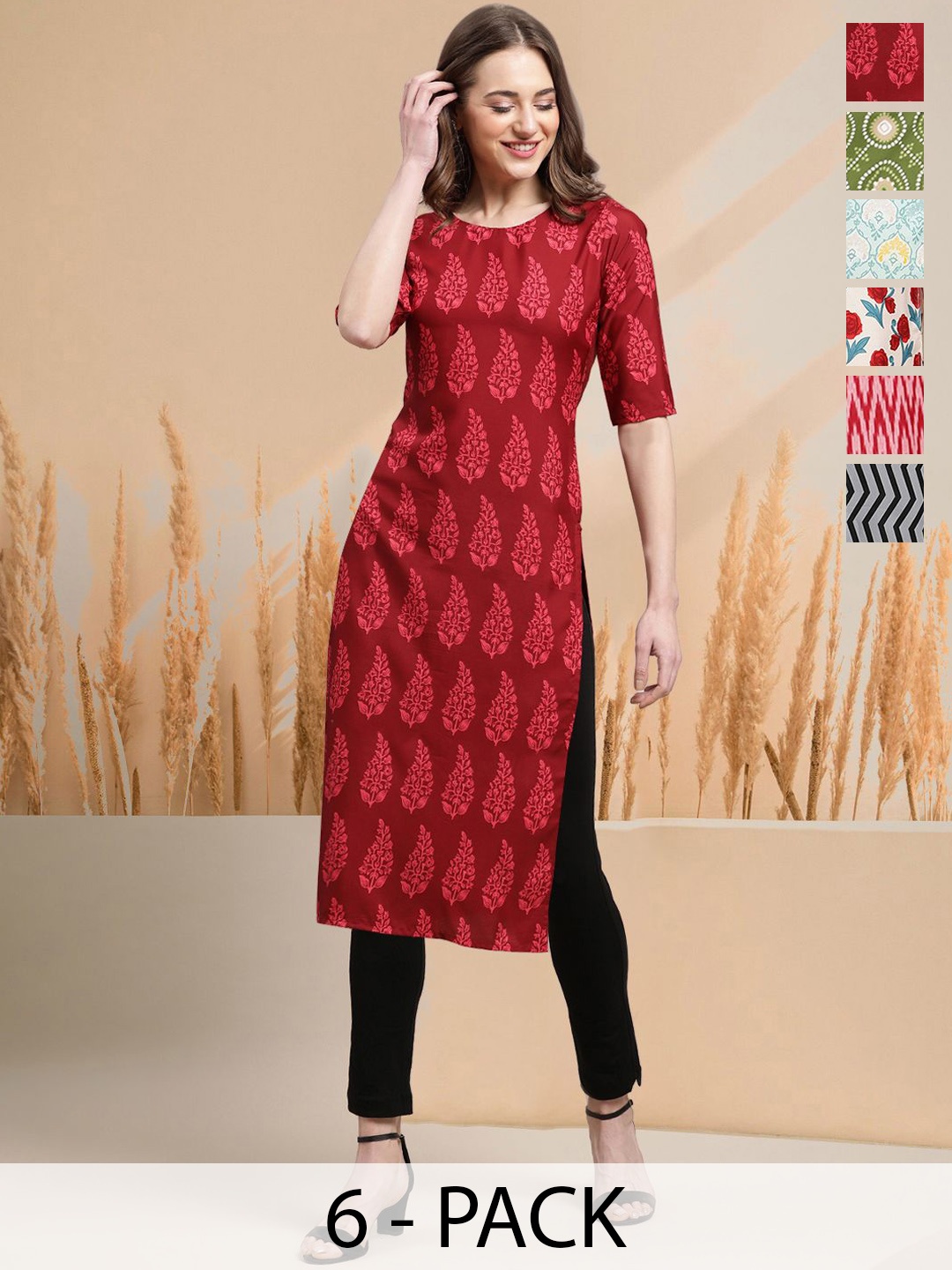 

7Threads Selection Of 6 Ethnic Motifs Printed Round Neck Straight Kurtas, Red