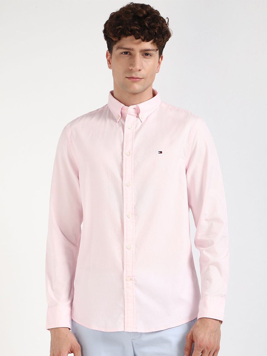 

Tommy Hilfiger Men Slim Fit Button-Down Collar Textured Cotton Casual Shirt, Pink