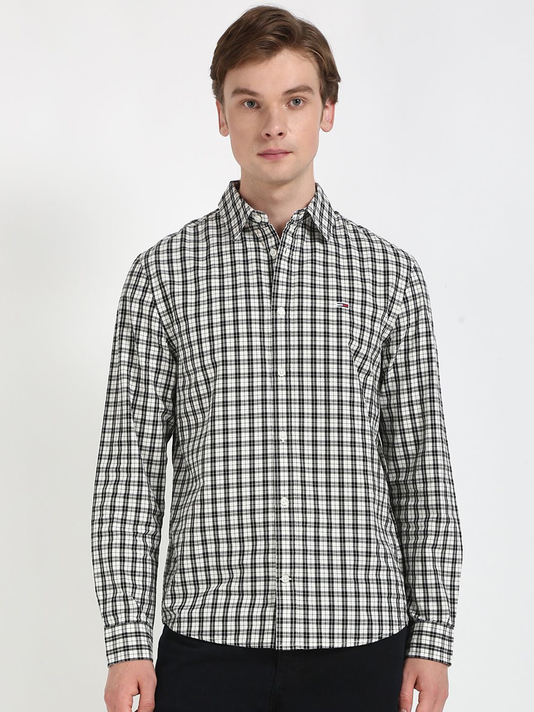 

Tommy Hilfiger Men Spread Collar Micro Checked Cotton Casual Shirt, Black
