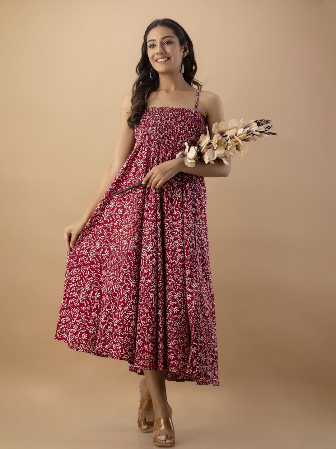 

Demirner Women Floral Printed Fit & Flare Midi Dress, Maroon