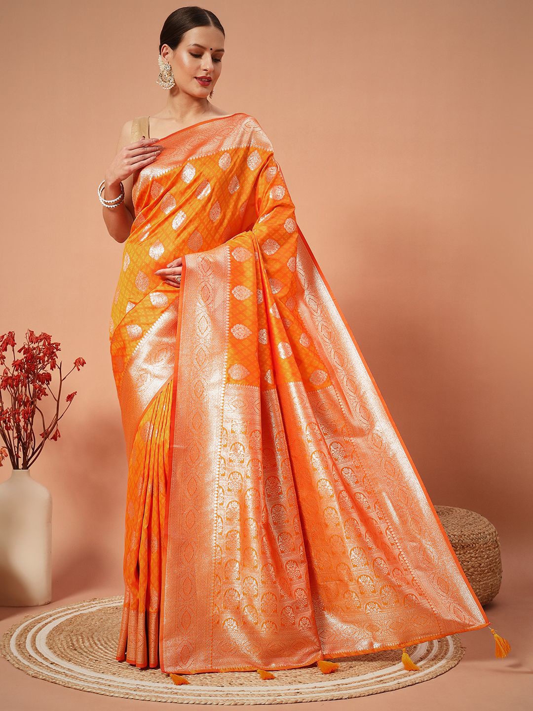 

SWAMI STUDIO Ethnic Motifs Woven Design Zari Pure Silk Banarasi Saree, Orange