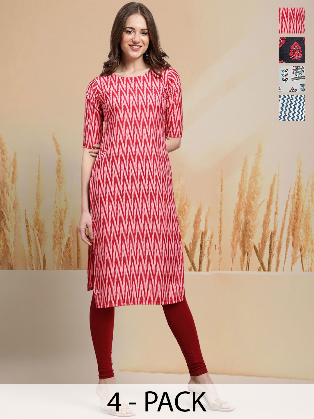 

7Threads Selection Of 4 Chevron Printed Round Neck Straight Kurtas, Red