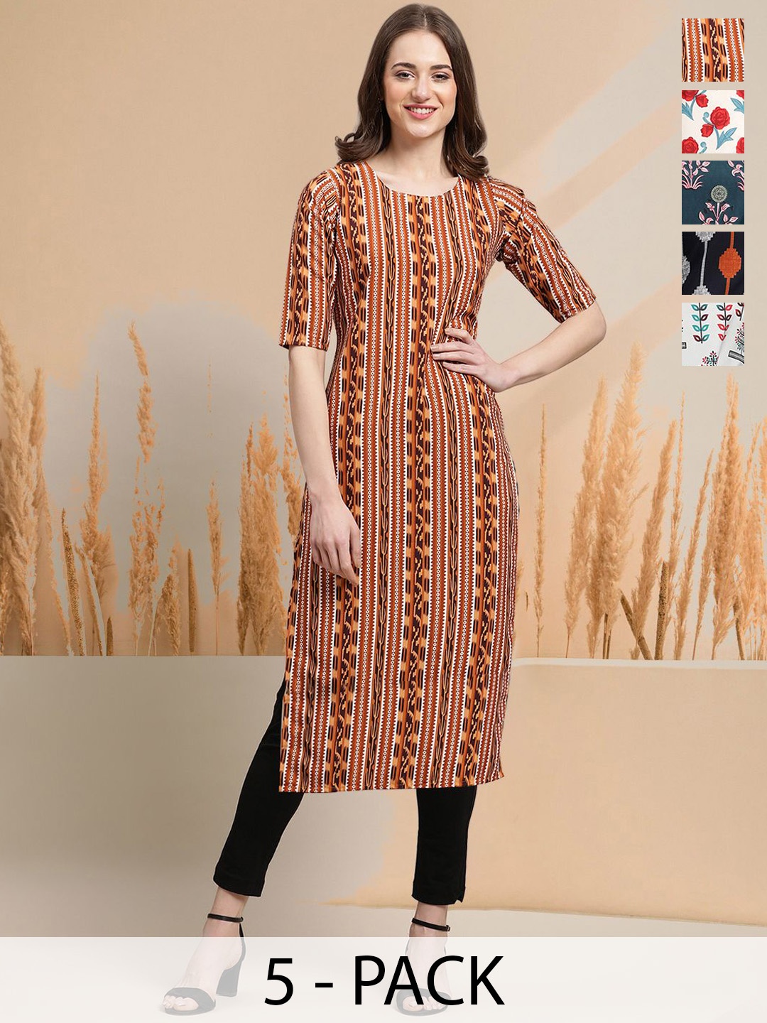 

7Threads Selection Of 5 Geometric Printed Round Neck Straight Kurtas, Orange