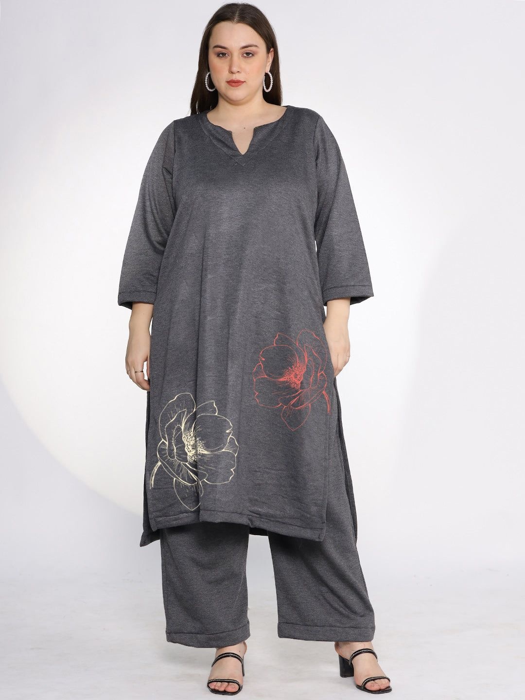 

LetsDressUp Floral Printed Notch Neck A-Line Kurta, Grey
