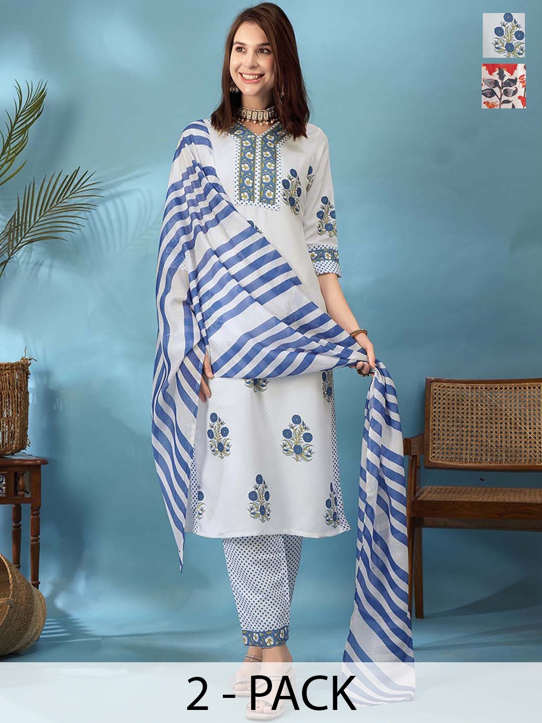 

Anouk Rustic Selection of 2 Floral Printed V-Neck Straight Kurta With Trousers And Dupatta, White