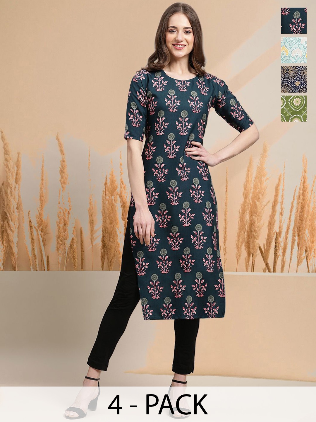

7Threads Selection of 4 Floral Printed Round Neck Straight Kurtas, Green