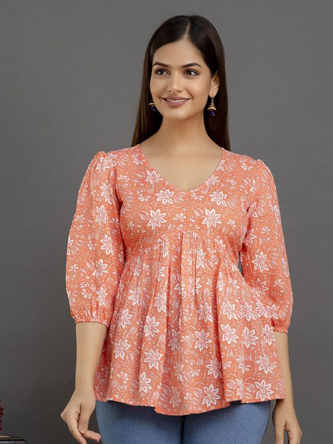 

UNIFY FASHION Women Floral Printed Cotton Empire Top, Orange