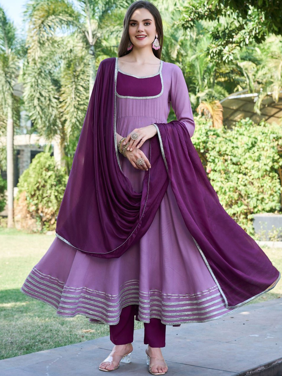 

KALINI Panelled Round Neck Gotta Patti Anarkali Kurta With Trousers & Dupatta, Lavender