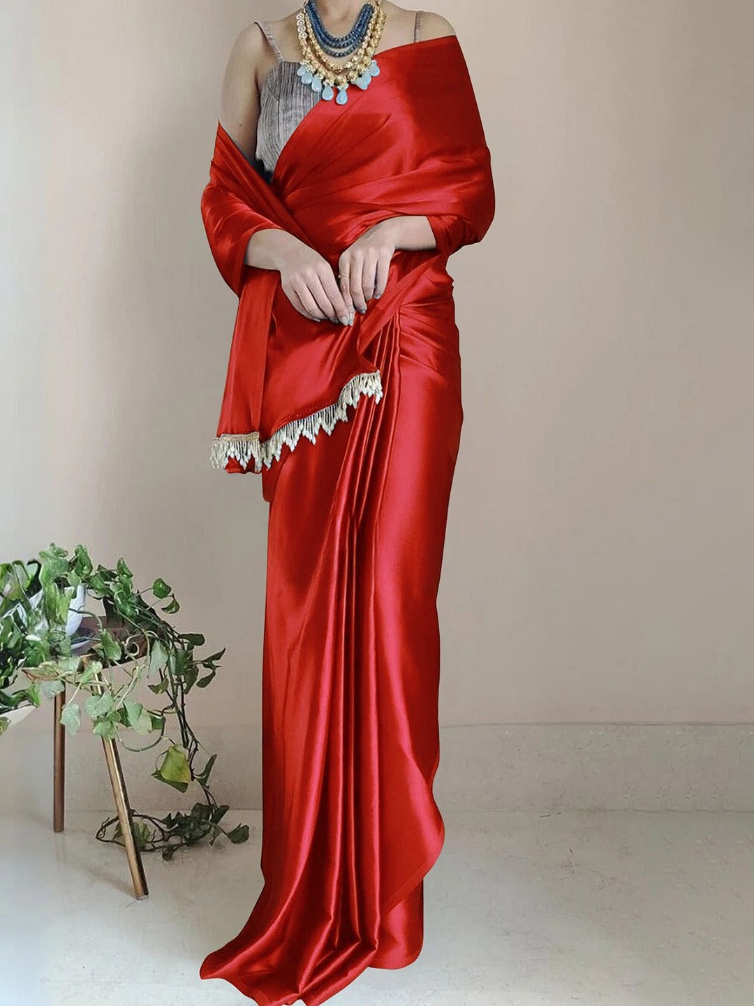 

A TO Z CART Solid Beads and Stones Satin Saree, Red