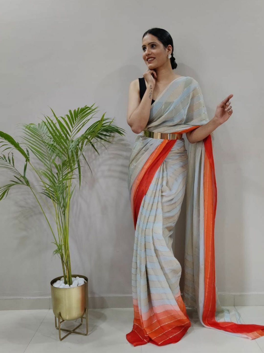 

Upalksh Striped Kota Saree With Blouse Piece, Grey