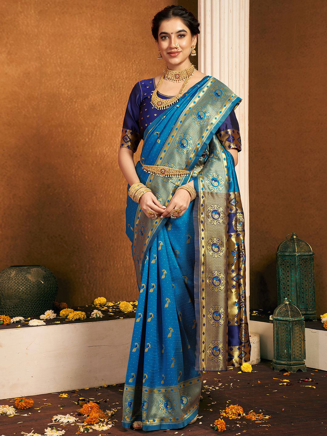 

KALINI Ethnic Motifs Woven Design Zari Paithani Saree, Blue