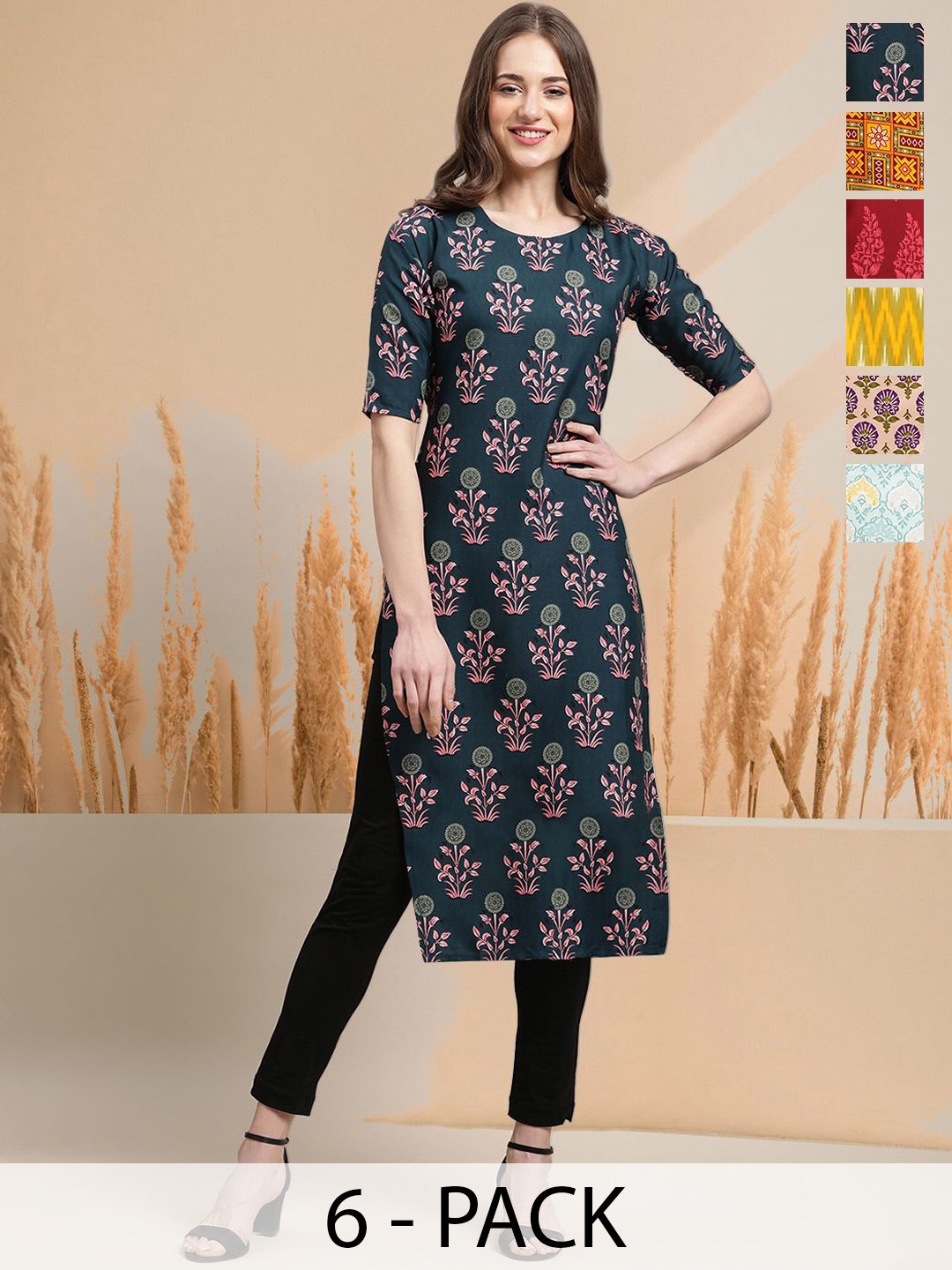 

7Threads Selection Of 6 Ethnic Motifs Printed Round Neck Straight Kurtas, Teal