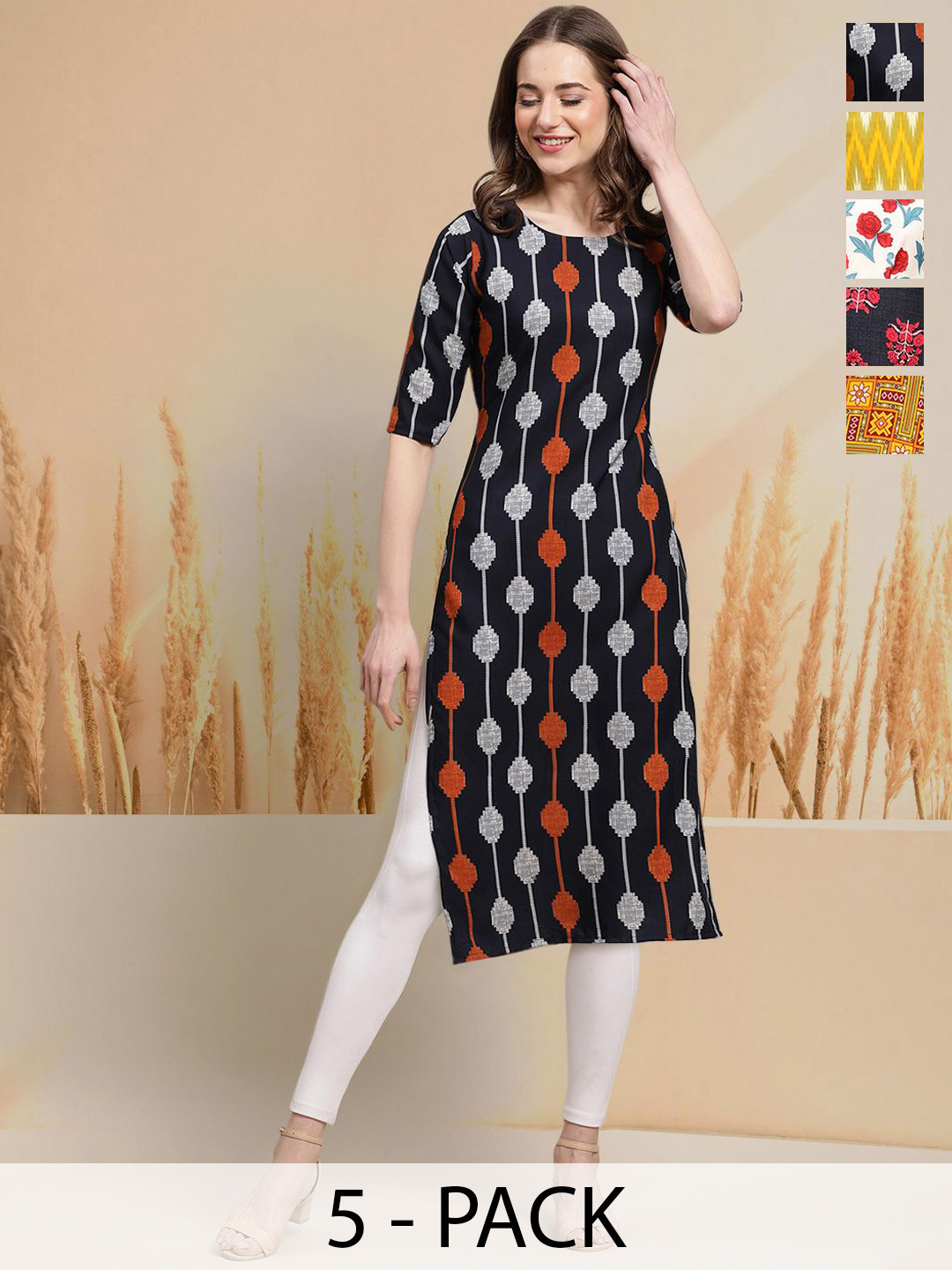 

7Threads Selection Of 5 Geometric Printed Round Neck Straight Kurtas, Black