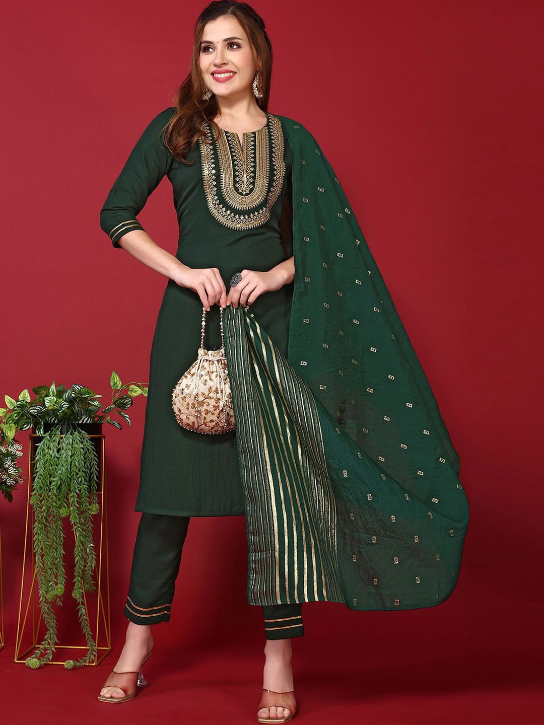 

KALINI Gotta Patti Work Notch Neck Straight Kurta With Trousers And Dupatta, Green