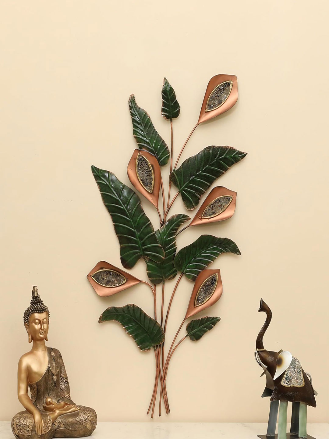 

vedas Mystic Indiana Green Diya Leaves Wall Decor, Rose gold