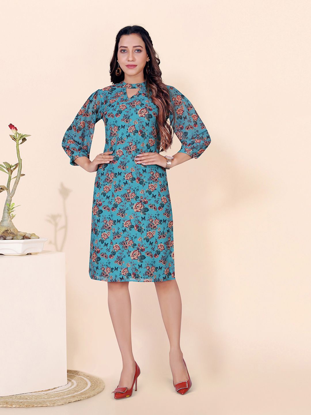 

BAESD Floral Print Flared Sleeve Georgette A-Line Dress, Teal