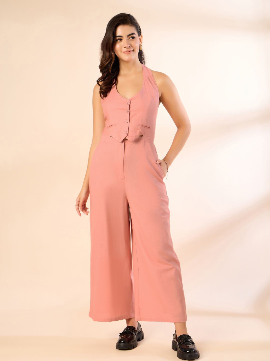 

Kiarabel Retail Linen Halter Neck Wide-Leg Jumpsuit, Peach