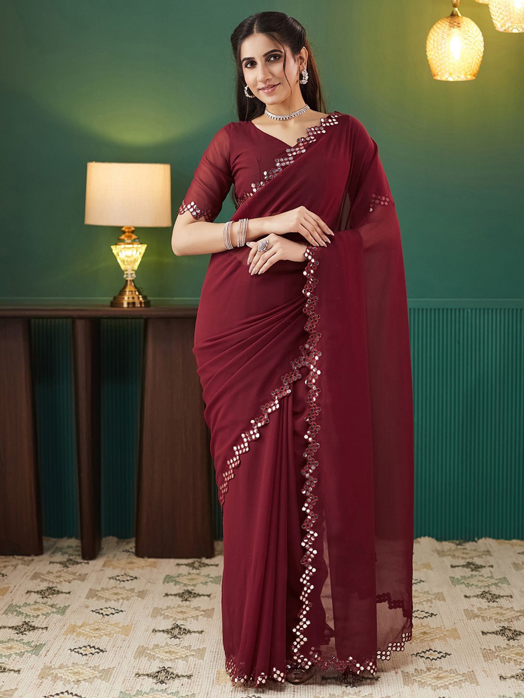 

KALINI Mirror Work Embellished Pure Georgette Saree, Maroon