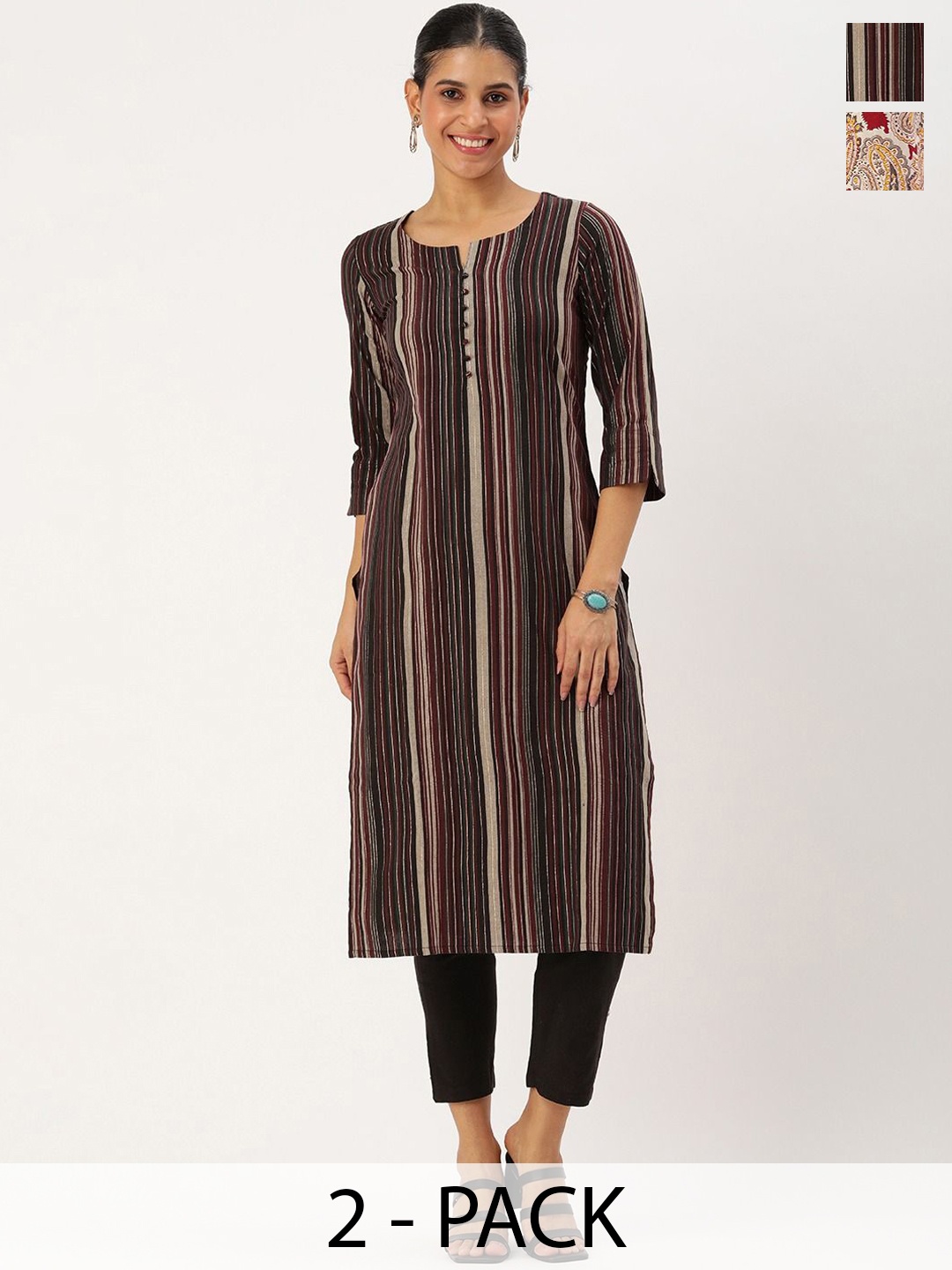 

KALINI Selection Of 2 Striped Notch Neck Straight Kurta With Trousers, Maroon