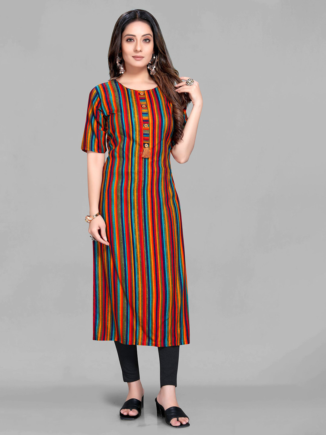 

Krimmple Women Striped Round Neck Straight Kurta, Red