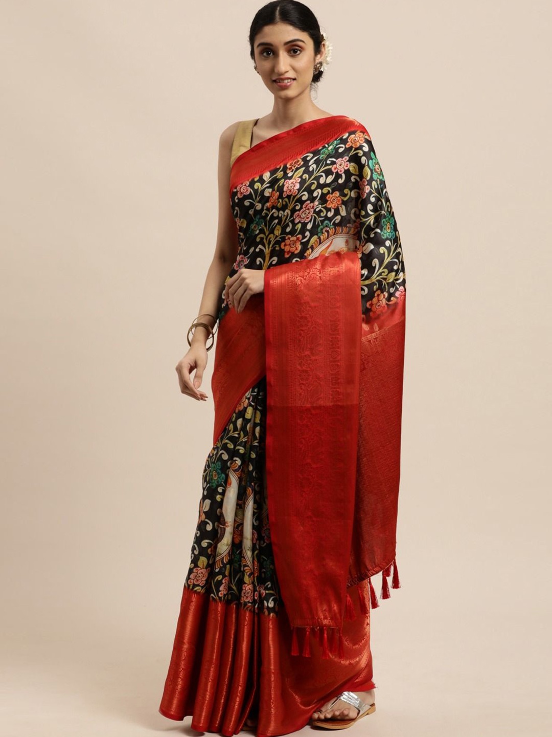 

ZIBLON Kalamkari Zari Kanjeevaram Saree, Black