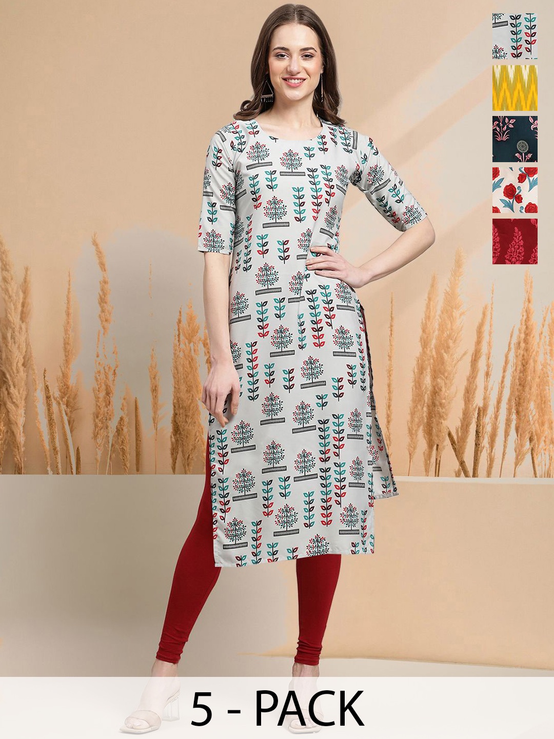

7Threads Selection Of 5 Floral Printed Round Neck Straight Kurtas, Off white